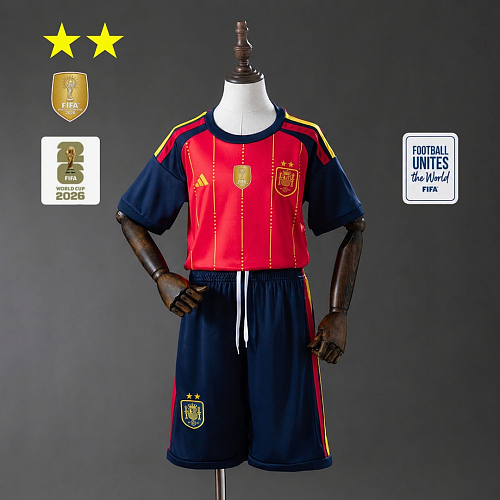 Spain Spain 2026 Home 2-Star Champion Edition Kids Kit Jersey Size 16-28