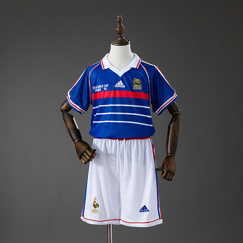 France France 1998 Home Retro Kids Kit Jersey Size 16-28