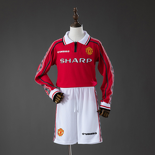 Manchester United M-U 98/99 Home Retro Long Sleeve Kids Kit Jersey SIZE 16-28
