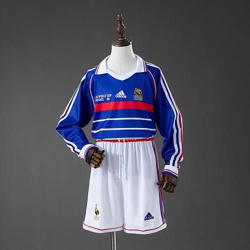 France France 1998 Home Retro Long Sleeve Kids Kit Jersey Size 16-28